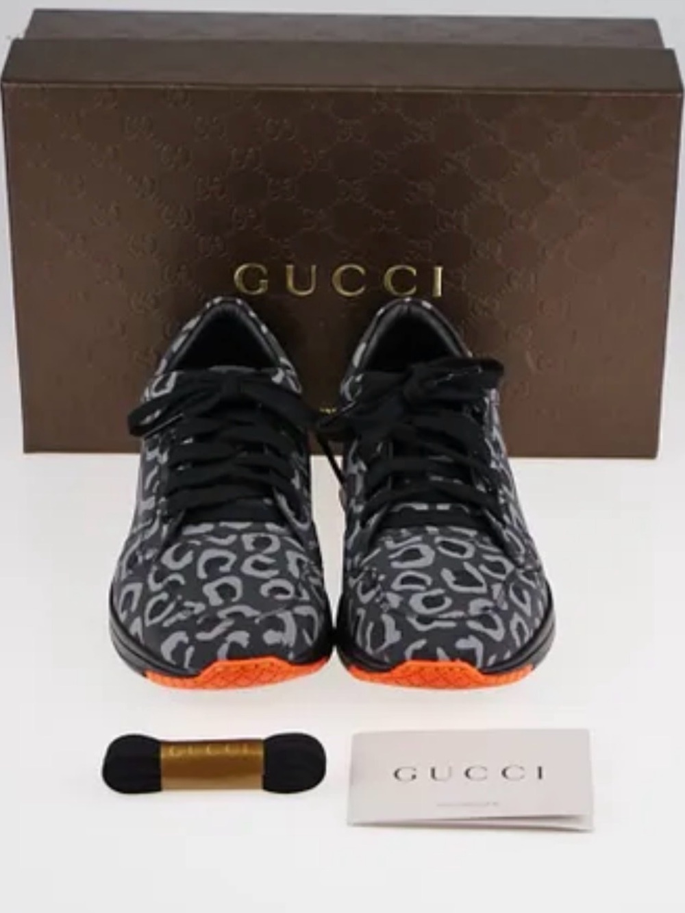 Gucci Unisex authentic Relex Leo Print Sneaker Blavk & Gray with Orange Soles